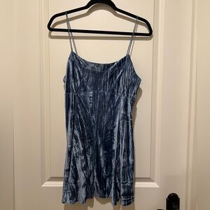 Blue Teal Crushed Velvet Velour Fit and Flare Mini Dress Sleeveless